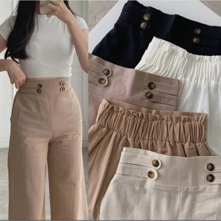 Celana Kulot Linen Highwaist Premium 2240 Side Button - Cullote Pants | Celana Kulot Wanita VENYTA