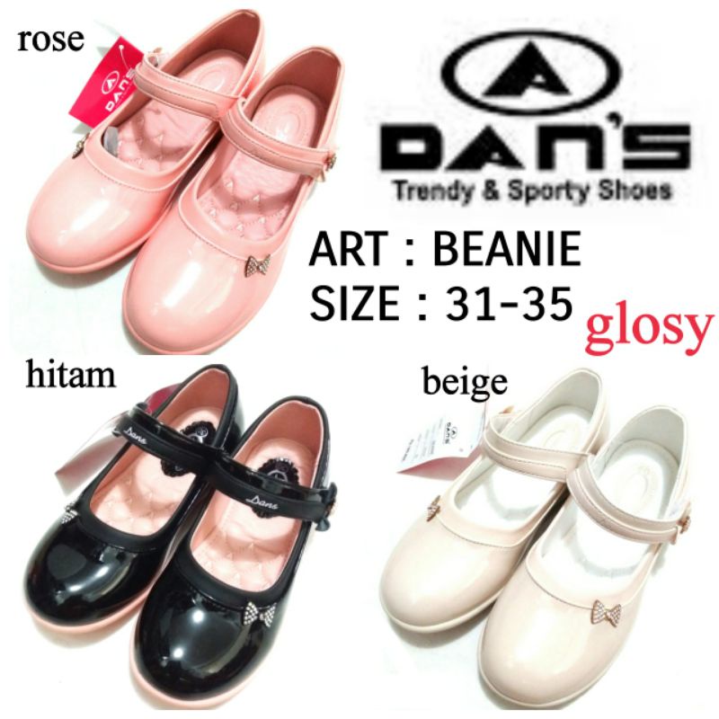 SEPATU FLATSHOES ANAK PEREMPUAN DANS BEANIE WARNA HITAM ROSEN DAN BEIGE SIZE 31-35