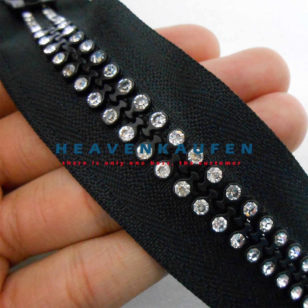 Resleting Zipper Hitam Besar Panjang 50 cm Hias Permata Imitasi