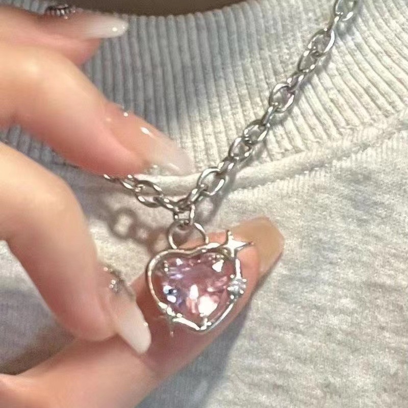 Kalung Berlian Bentuk Hati Warna Pink Gaya Korea Untuk Wanita