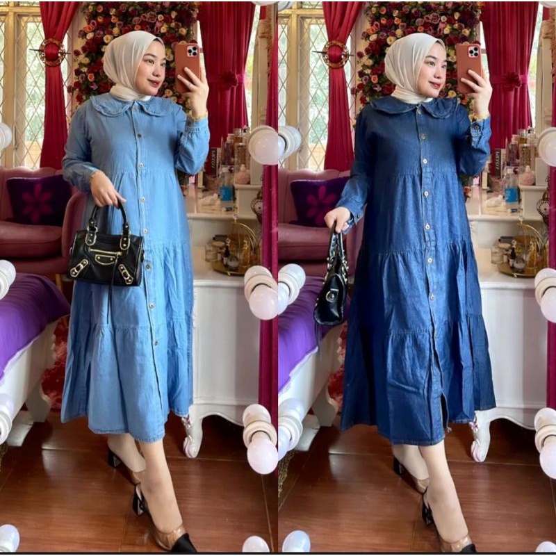 Dress Midi Jeans - Midi Krah Korean - Dress Jeans Wanita Terbaru 2025 - COD