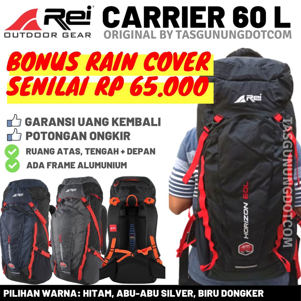 REI 60 LITER | TAS GUNUNG CARRIER | AREI HORIZON | HITAM ABU-ABU BIRU DONGKER HIKING CAMPING TOBA