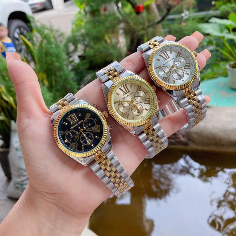 JAM TANGAN WANITA BERVARIASI TALI RANTAI STAINLESS TANGGAL AKTIF MK