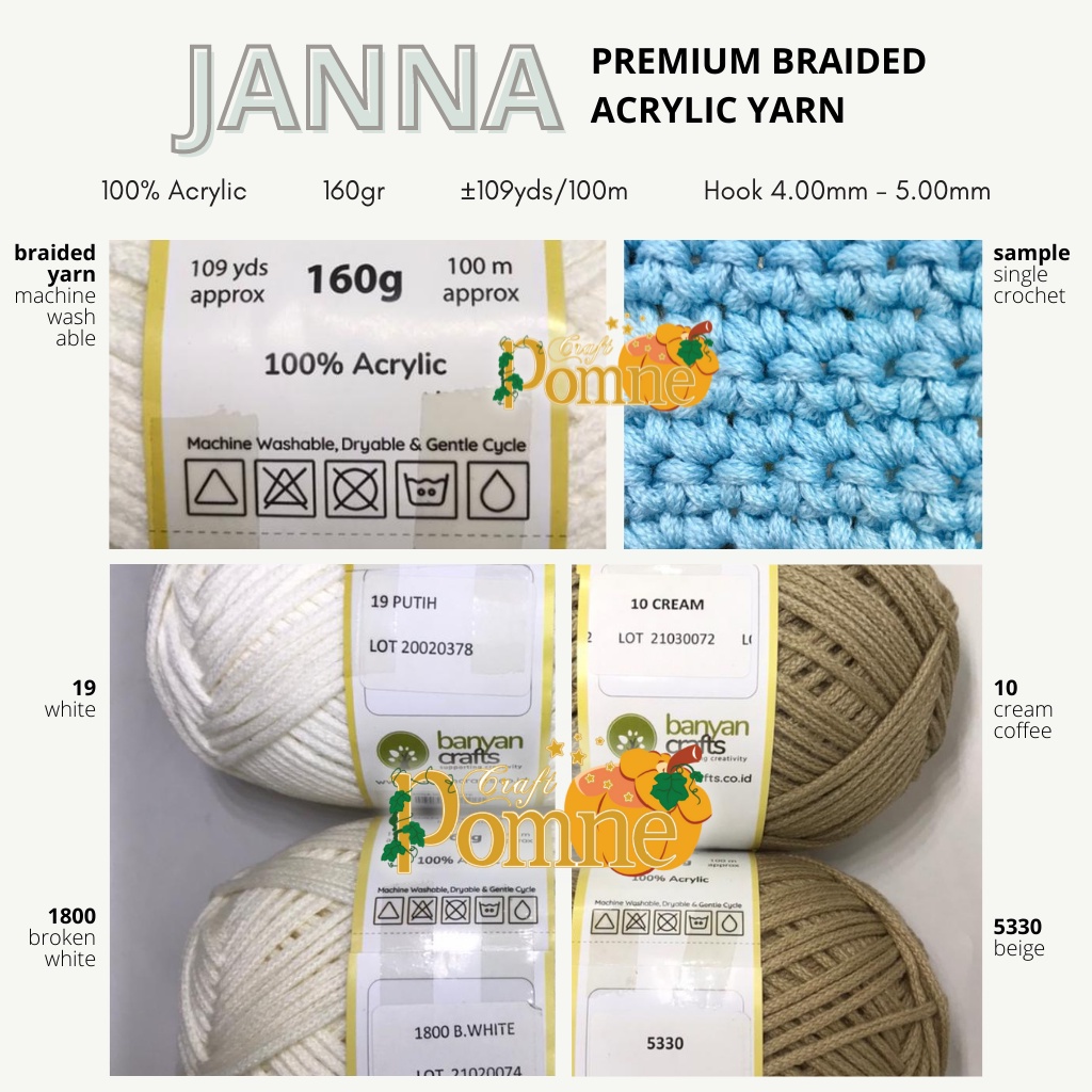 BENANG JANNA - PREMIUM BRAIDED ACRYLIC YARN 160gr/100m / Benang Rajut Tas / Benang Rajut Braided Premium