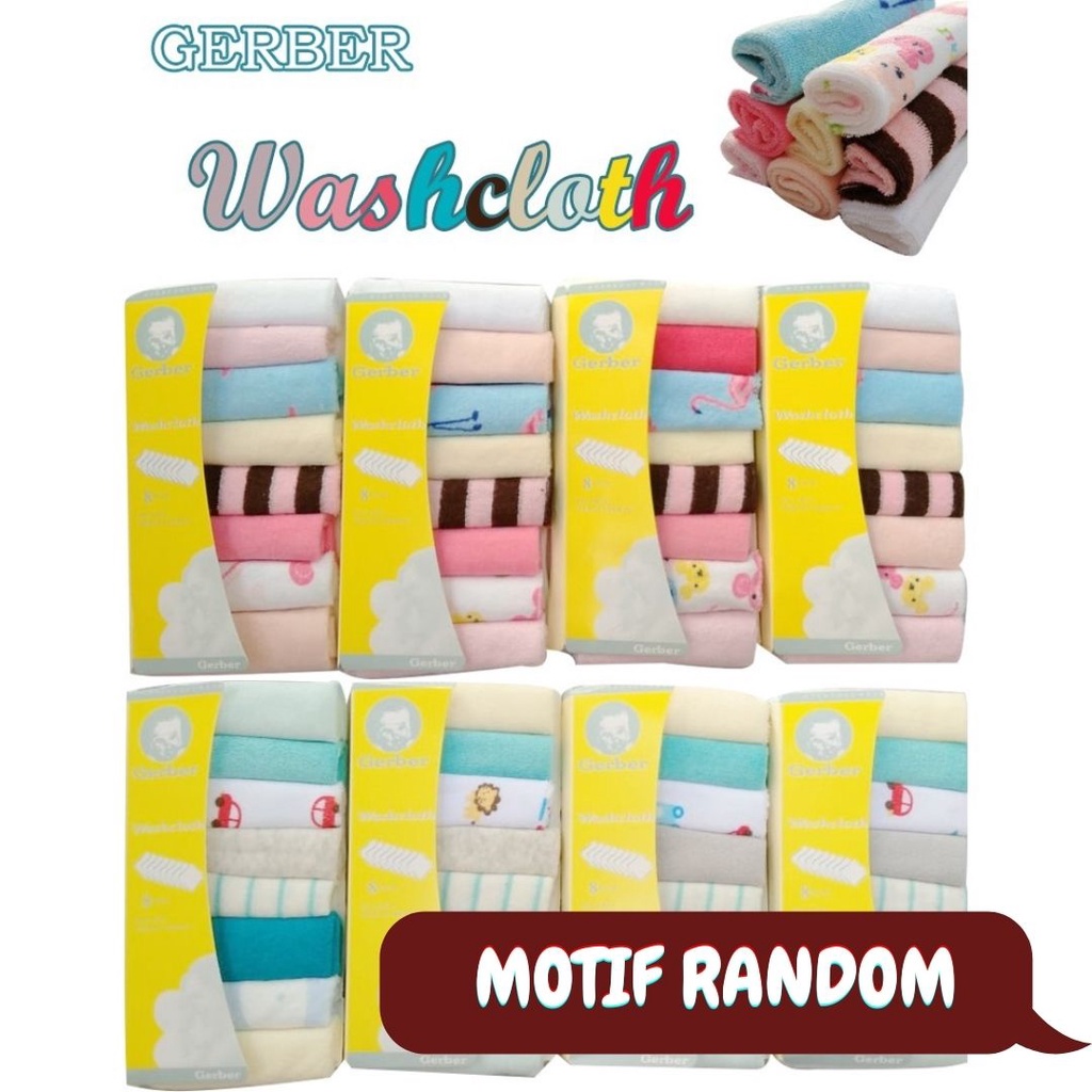 MOTIF RANDOM GERBER Washcloth Isi 8 - Waslap Towels Saputangan Warna Warni Motif Boy Girl