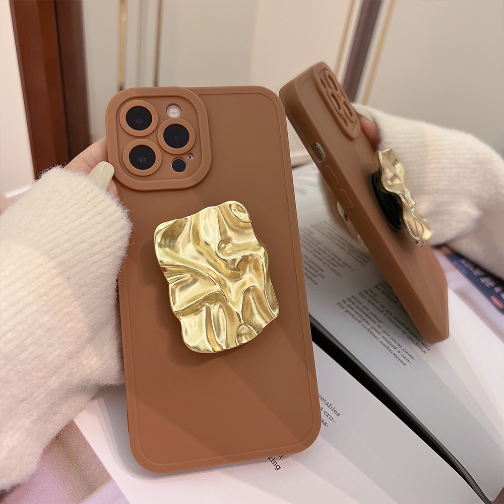 IPHONE Casing Ponsel Bahan Silikon Lembut Dengan Rak Bahan Metal Coklat Untuk Iphone7 8 PLUS XR XS 11 12 13 14 Mini PRO MAX SE 2020