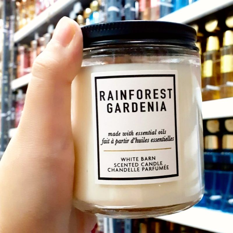 BATH &amp; BODY WORKS BBW RAINFOREST GARDENIA MADE WITH ESSENTIAL OILS WHITE BARN 1 SINGLE WICK SCENTED CANDLE 198 G PENGHARUM RUANGAN