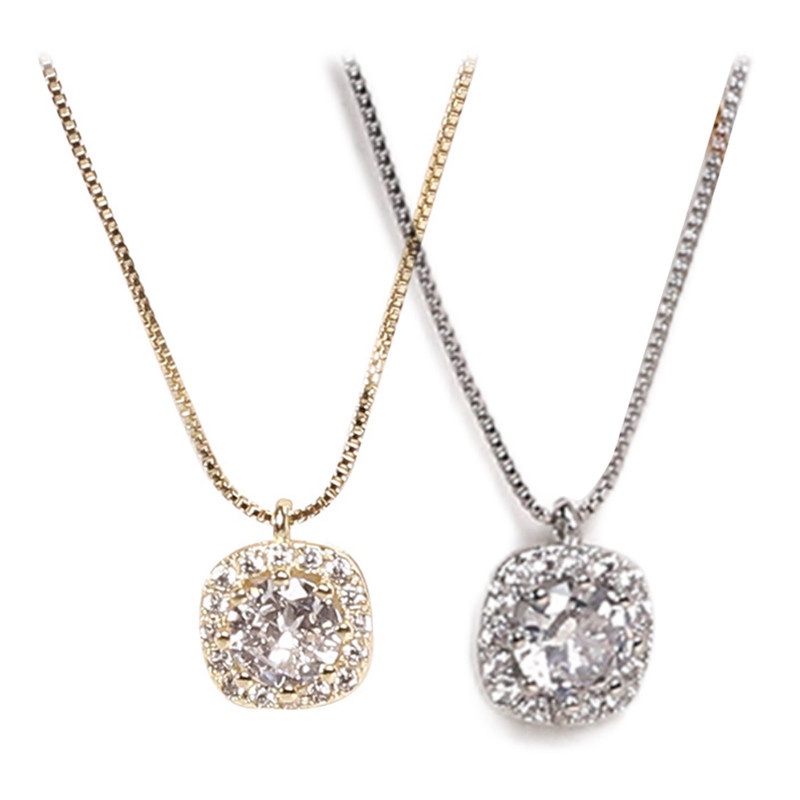 Kalung Rantai Sterling Silver Dengan Liontin Berlian Bentuk Kotak Untuk Wanita