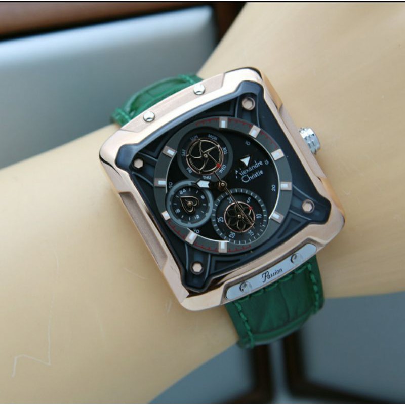 ORIGINAL GARANSI RESMI JAM TANGAN WANITA ALEXANDRE CHRISTIE ROSEGOLD GREEN BLACK KULIT STRAP ARLOJI 