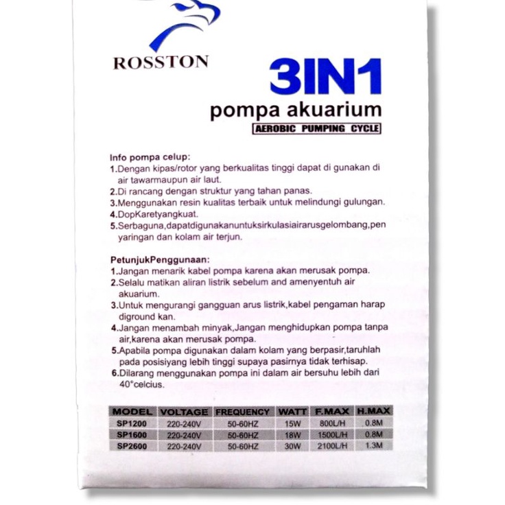 ROSSTON SP 1200 Pompa Aquarium Aquascape kolam kecil