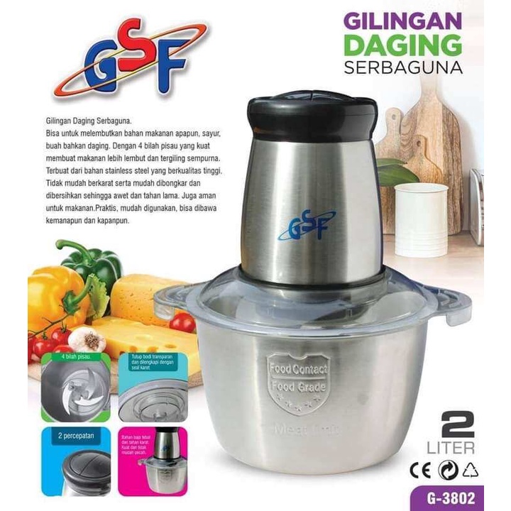 GSF 3802 Food Processor Elektrik Chopper Daging Bumbu Listrik 2 Liter