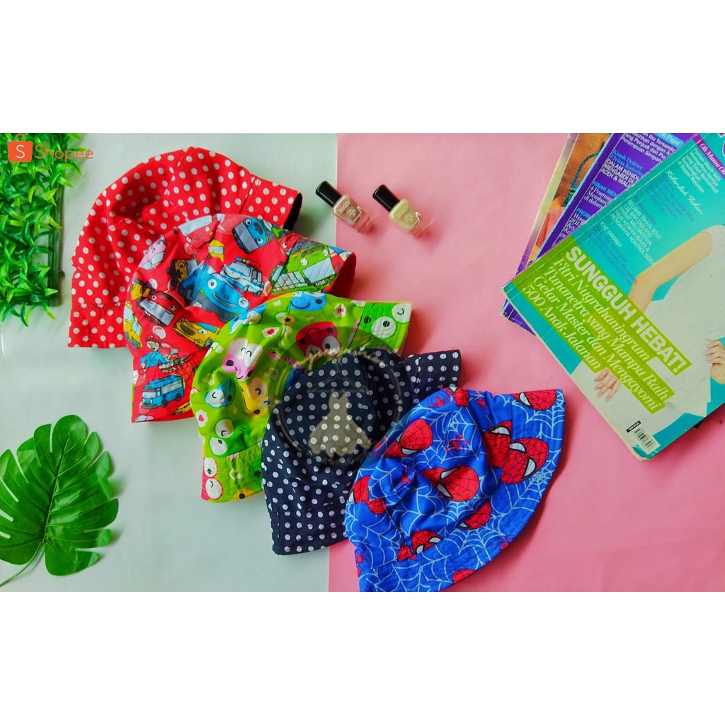 newmyfashion COD TOPI ANAK LAKI-LAKI PEREMPUAN BUCKET KOREAN Gambar Kartun Jerapah Superhero Tayo Sp