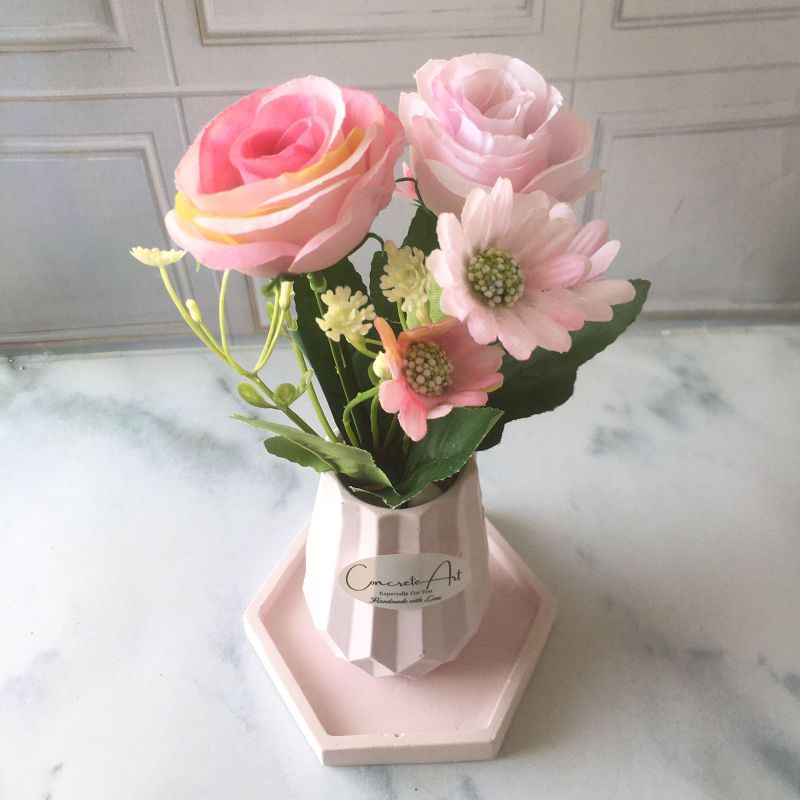 [ PROMO TERMURAH ] NEW - 1 Set Bunga Daisy Artificial Termasuk Vas dan Coaster Tatakan Hexagon - Bunga Artificial Import Grosir Murah