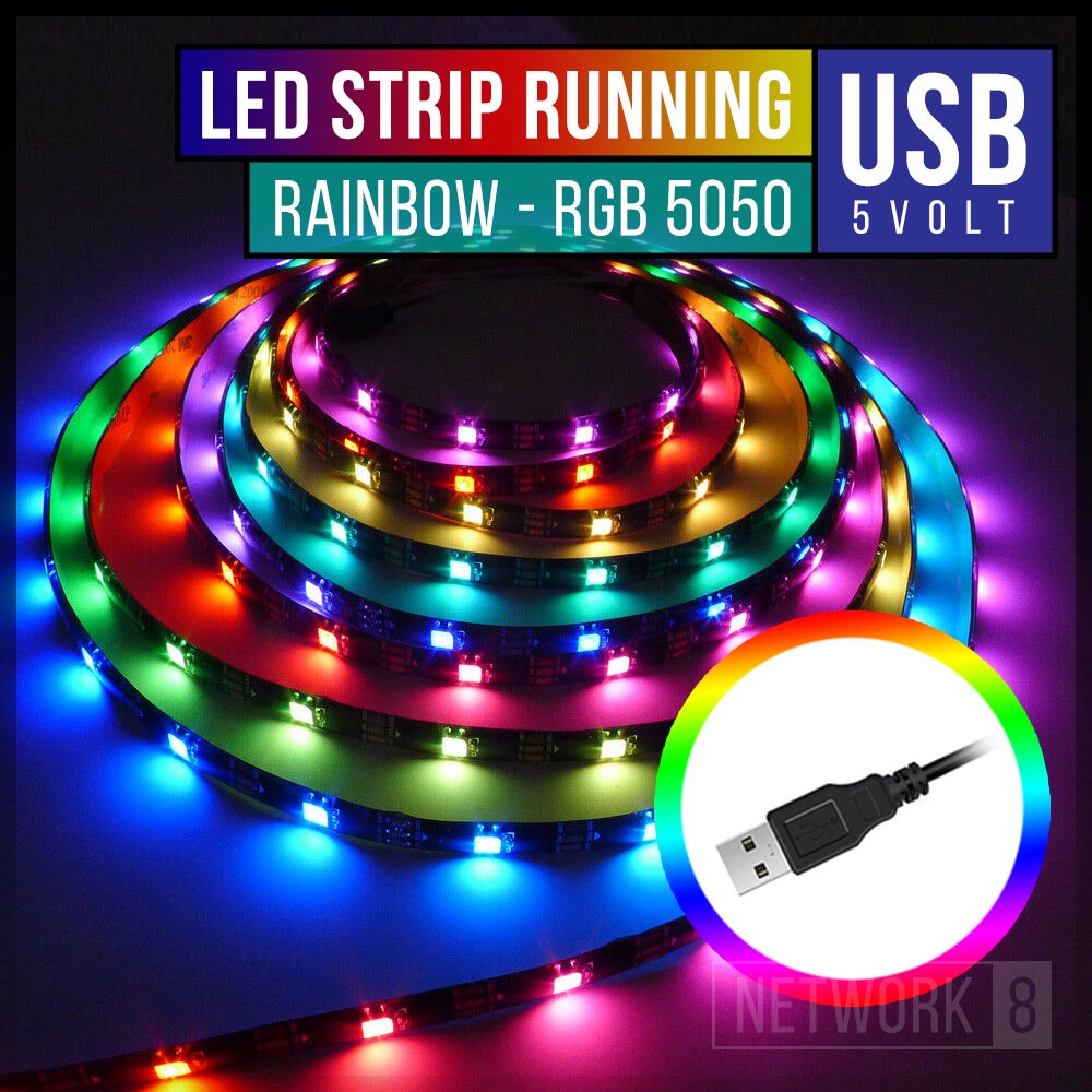 LAMPU LED STRIP RAINBOW RUNNING RGB 5050 USB 5V 1M 2M 3M 1 2 3 5 METER MATA BESAR WS2812B WS2812 TV
