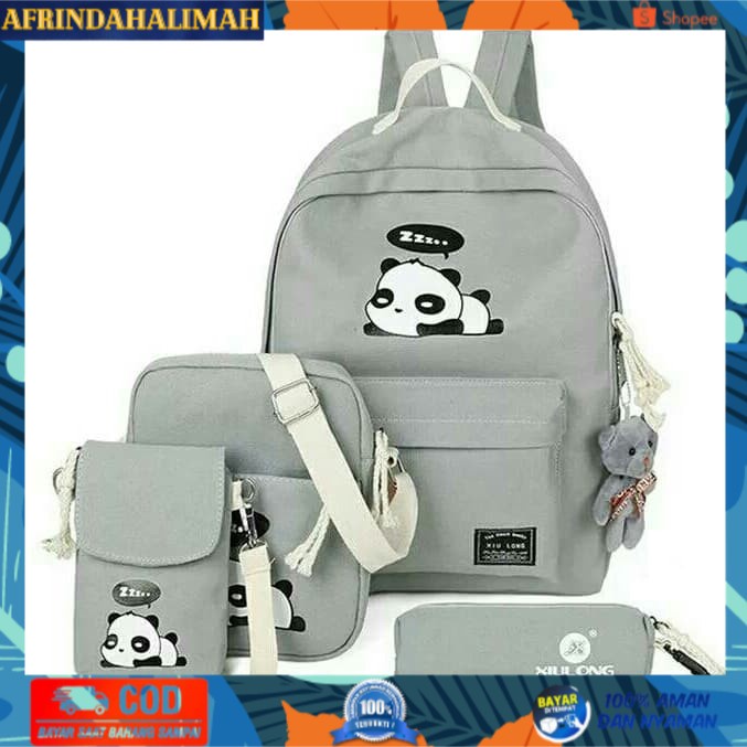 

[TERBARU] Paket Tas Ransel Sekolah / Tas 4in1 / Backpack 1 Set - SLEEP PANDA - Hitam