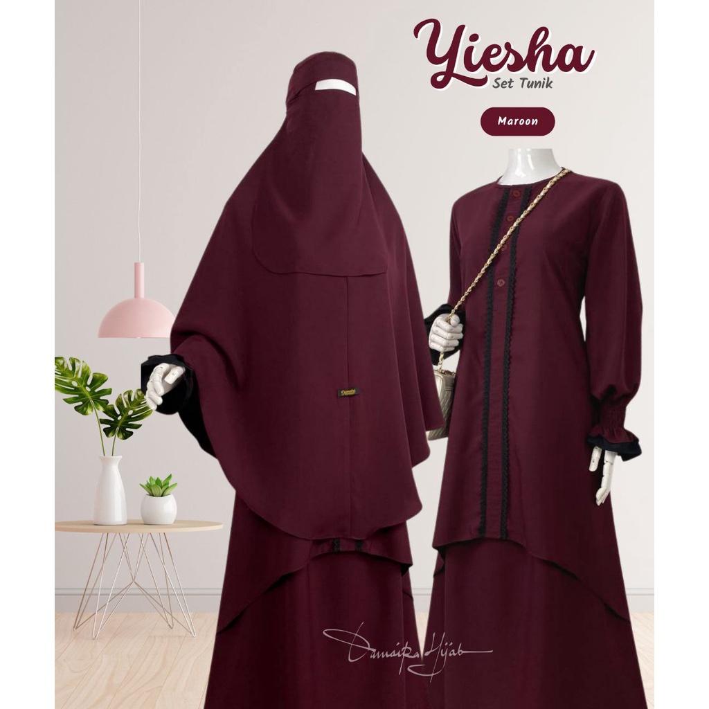 YIESHA SET TUNIK (Tunik + Rok + Jilbab Free Cadar Bandana) by DAMAIRA klambieakhwat BISA COD | bahan Wollpeach wolfis grade A busui friendly manset tangan smoke layer renda rajut khimar nonpad