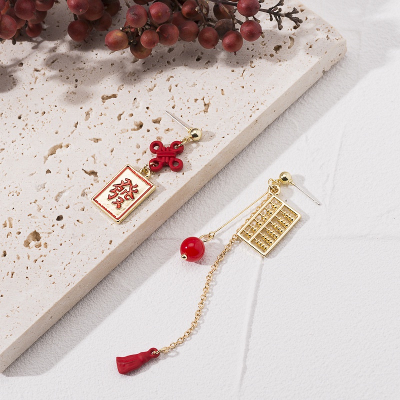 [littlecrab] Anting Wanita Sempoa Merah Emas Huat Simple Elegan Anting Beda Kiri Kanan Cai Woman Earrings Anting Berkualitas Tinggi Korean Style