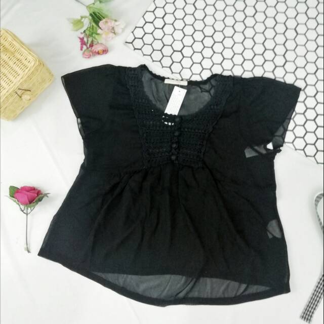 Blouse blus impor hitam black fashion perempuan wanita sifon chiffon girly casual korean style