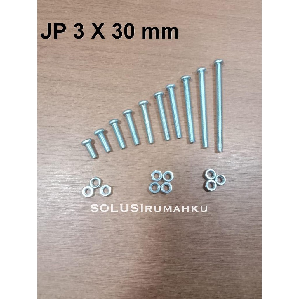 BAUT MUR JP 3 X 30 ( Baud Drat Halus diameter 3 mm x panjang 30 mm ) / Pan Head Bolt + Nut