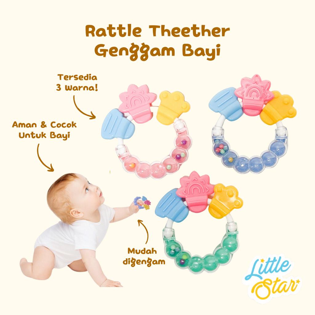 LS 3in1 Paket Mainan Gigitan Bayi Baru Lahir Newborn Baby Theether Empeng Buah Gelang Gengam Rattle Silikon Kerincingan BPA Free