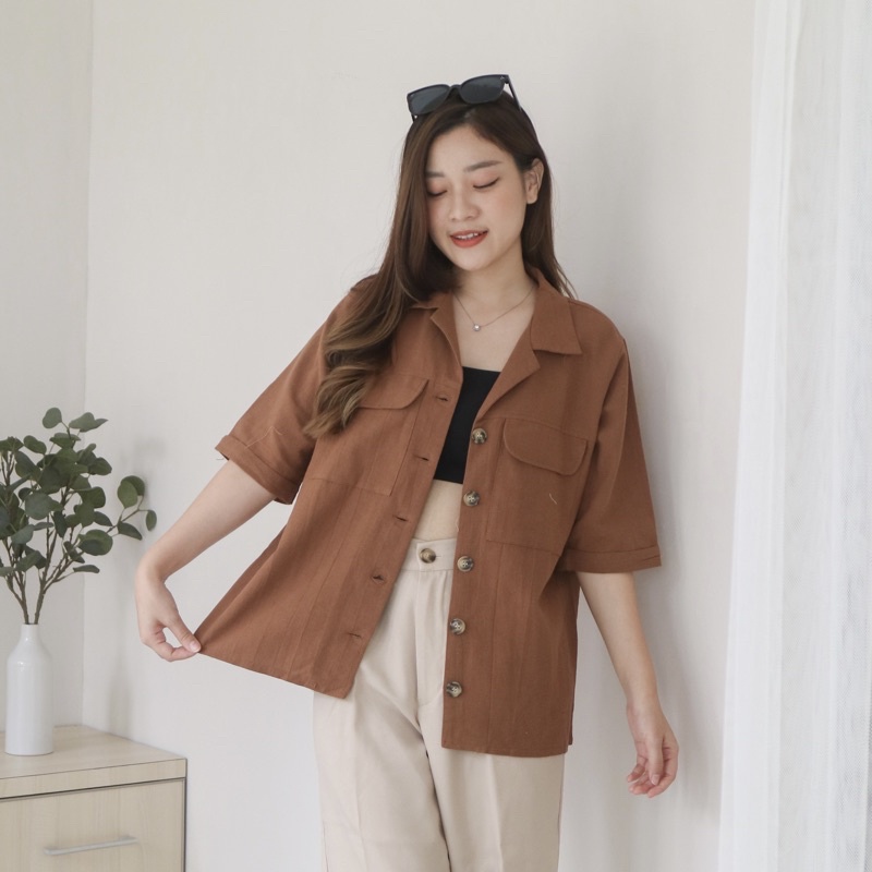 MSMO Somi Oversized Linen Shirt Outer / Atasan Wanita / Kemeja Wanita / Kemeja Linen / Top Wanita / Linen Shirt-Coffee