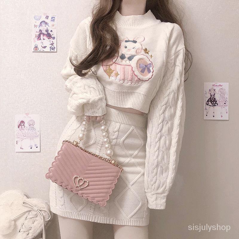 #Sisjuly# [Set dua potong] Sweater pakaian luar penurun usia pendek wanita + rok pinggul pelangsing