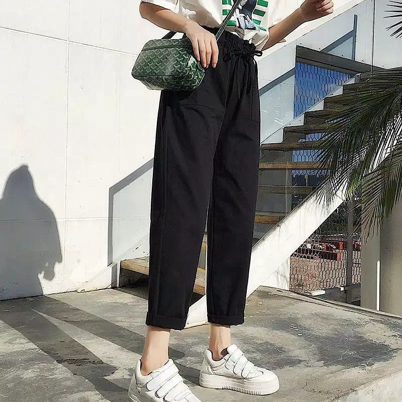 Celana Wanita Murah - Khansa Long Pants Linen Rami Karet Pinggang - Bawahan Wanita Muslim <-3