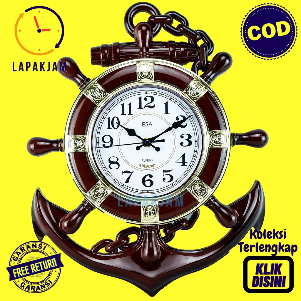 Jam Dinding Quartz Dekorasi Dinding Jangkar Kemudi Kapal Murah Besar Esa 09595 Coklat Bagus