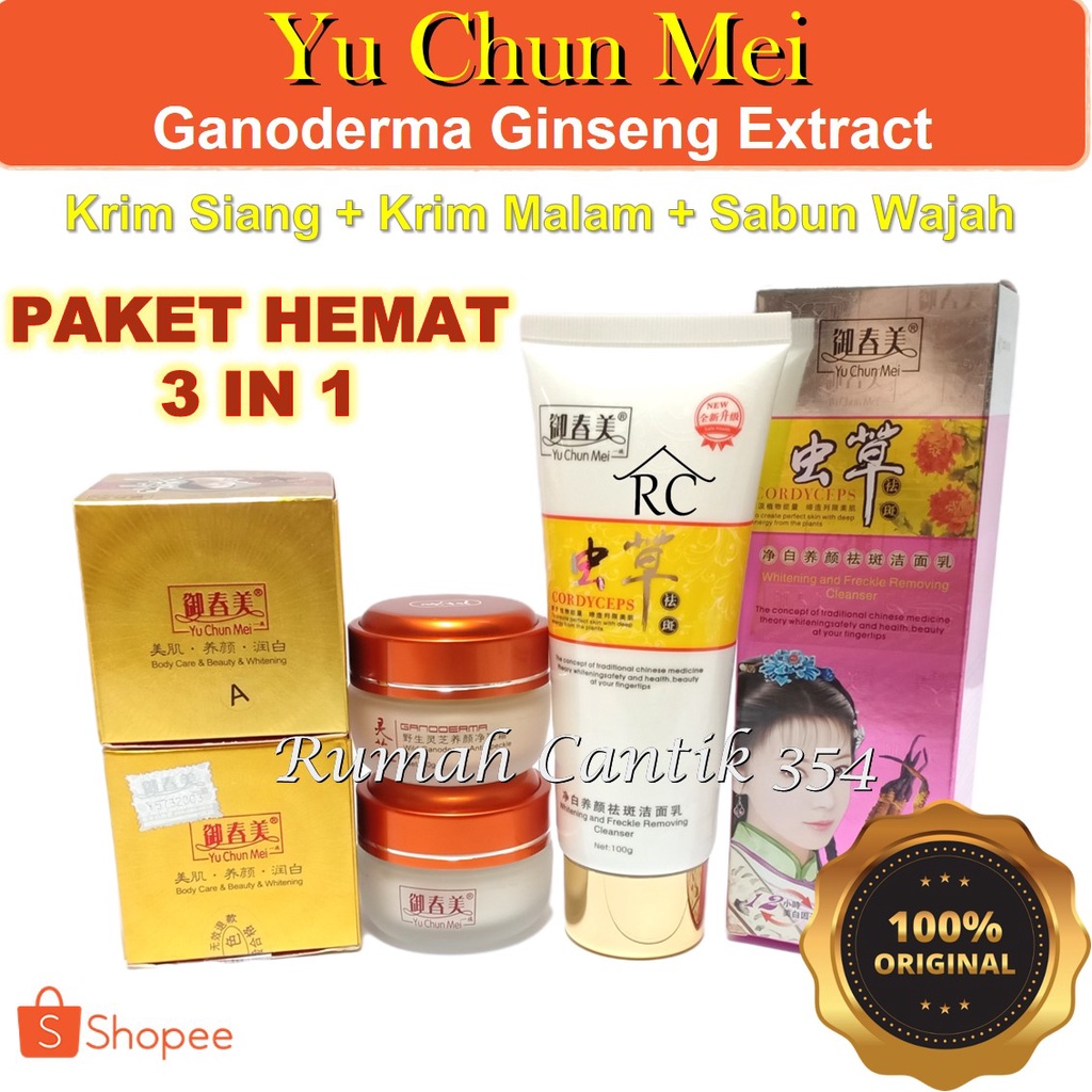 Paket Hemat 3 in 1 Yu Chun Mei Gold Ginseng Ganoderma Day Night Cream plus Facial Cleanser Rumah Cantik 354 YuChunMei Gold Ginseng Ganoderma Cream Herbal Cordy