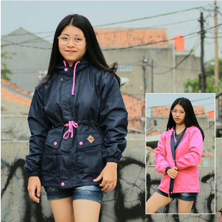 jaket parka bolak balik hitam pink/parka bolak balik/murah