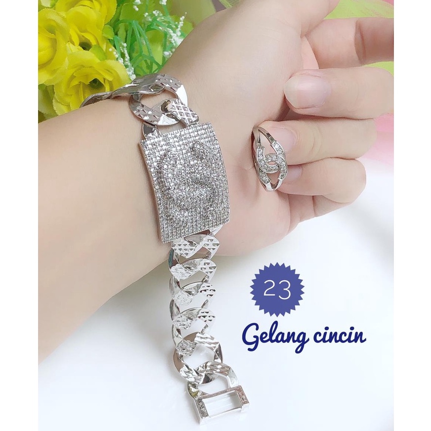 (OKT) TERMURAH Set Perhiasan Lapis Emas Gelang Rantai Pipih Sisik Naga Cincin Permata Chanel Silver 