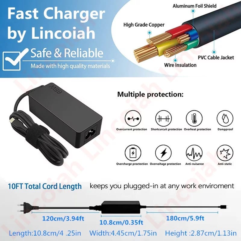 65w Type C Laptop Charger for Lenovo Thinkpad T480 T480S T490 T490S T570 L380 L480 L580 Chromebook C330 S330 C340 300e 500e AC