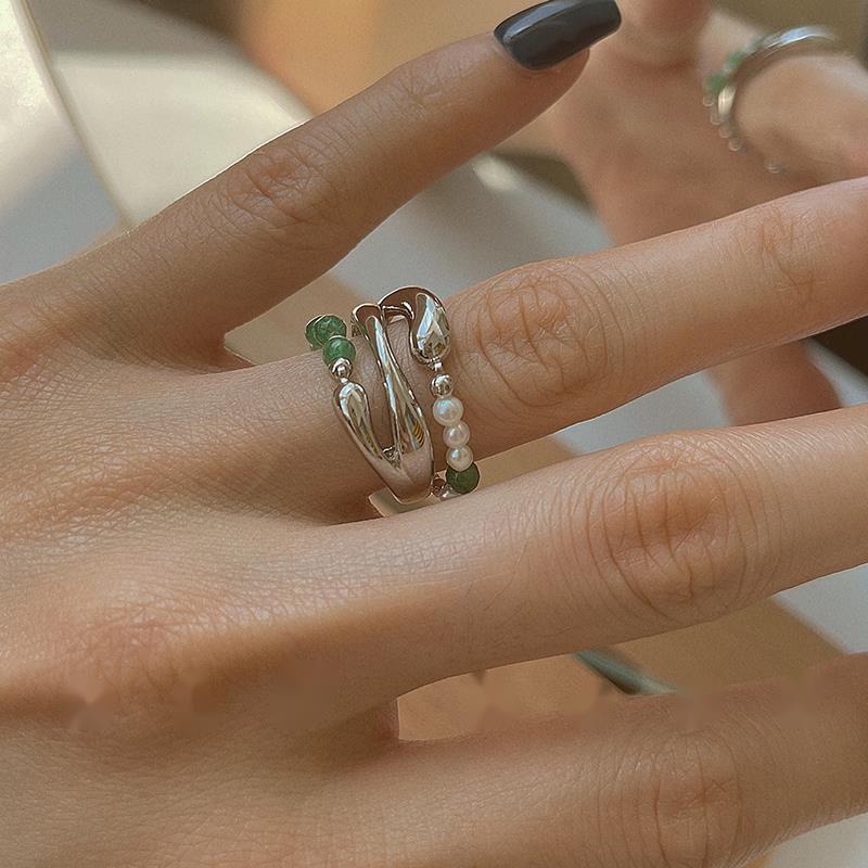 Cincin Model Terbuka Banyak Lapis Gaya Retro Simpel Dengan Giok Hijau Untuk Wanita