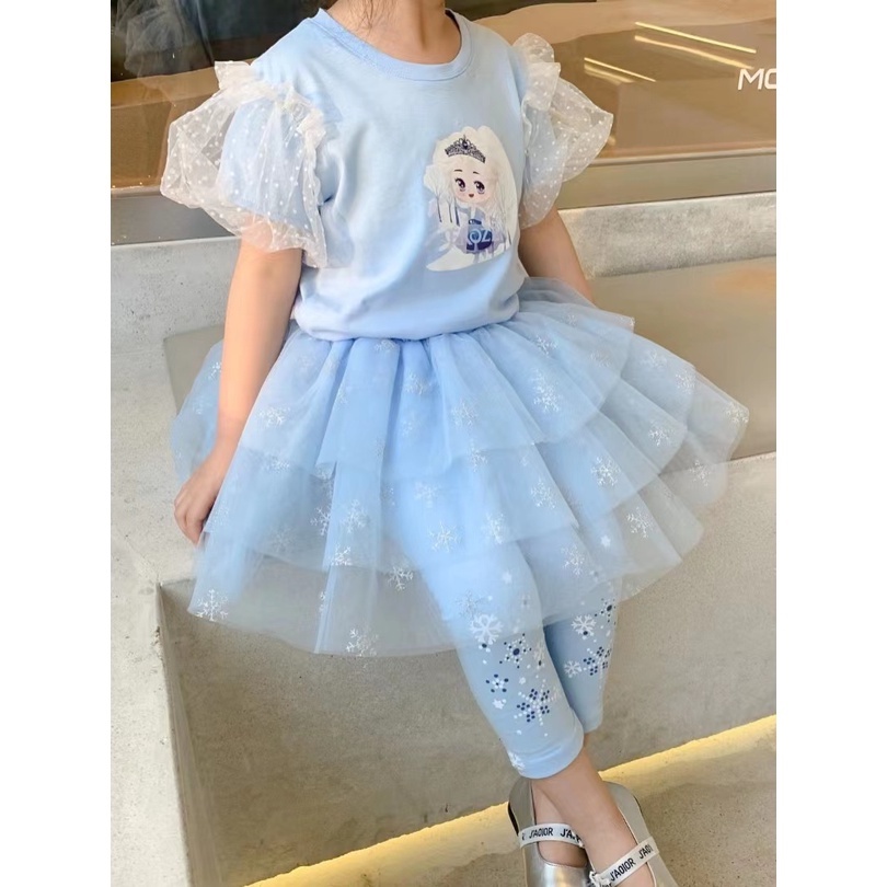 Setelan Anak Perempuan Kaos dan Rok Tutu Plus Legging Princess Frozen Elsa Import Premium