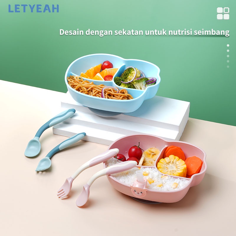 letyeah piring makan anak set lucu bpa free / free sendok garpu sedotan / anti selip piring makan anak 3 sekat