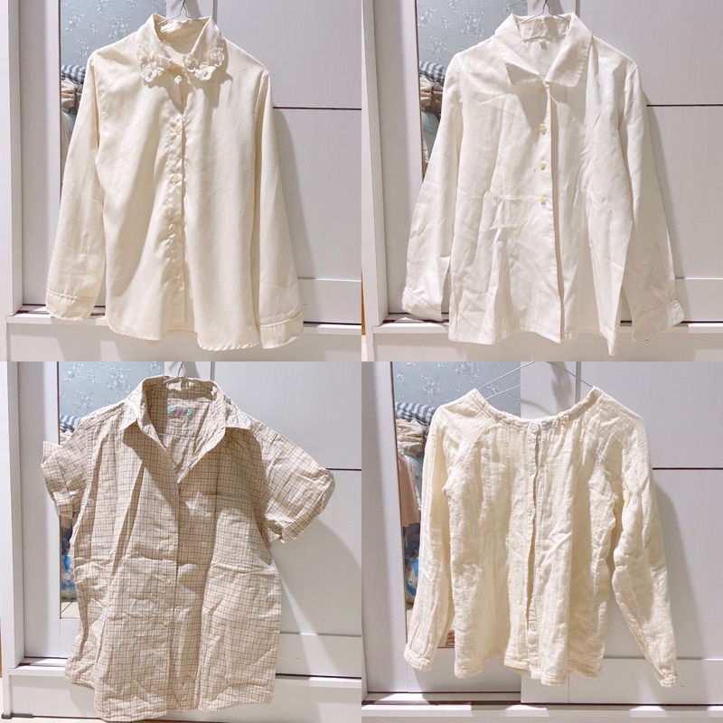 BAJU PRELOVED KATUN KEMEJA BLOUSE PUTIH KOTAK CREAM BORDIR BUNGA BRAND COKLAT POLOS FORMAL EMBROIDER