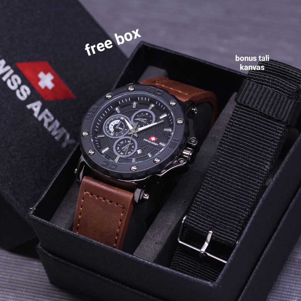( BISA COD ) JAM TANGAN PRIA SWIS ARM SA-99211 KULIT + TALI KANVAS |  FREE BOX