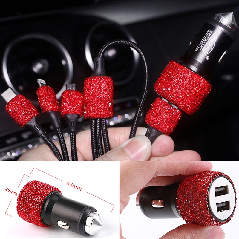 (LUCKID) Kabel Charger Dual Port USB Aksen Berlian Imitasi Bling Untuk Mobil