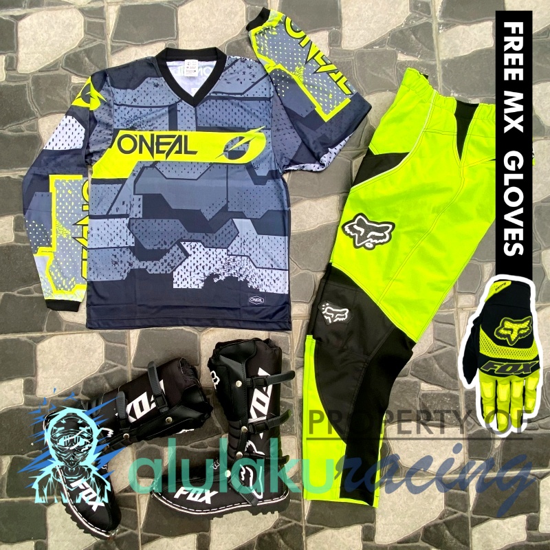 Jersey, Celana, Sarung Tangan &amp; Sepatu Fullprint with Protectors Fullset MX Trail Motocross - Paket Bundling ONCTFG110401-F44