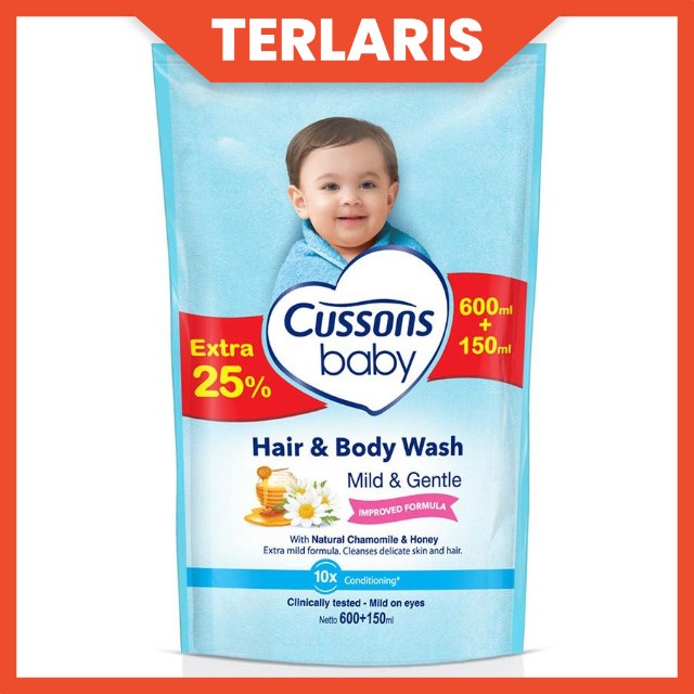 Cussons Baby Mild & Gentle Hair Body Wash 600ml + 150ml Refill Biru 2in1 - Shampoo dan Sabun Mandi C