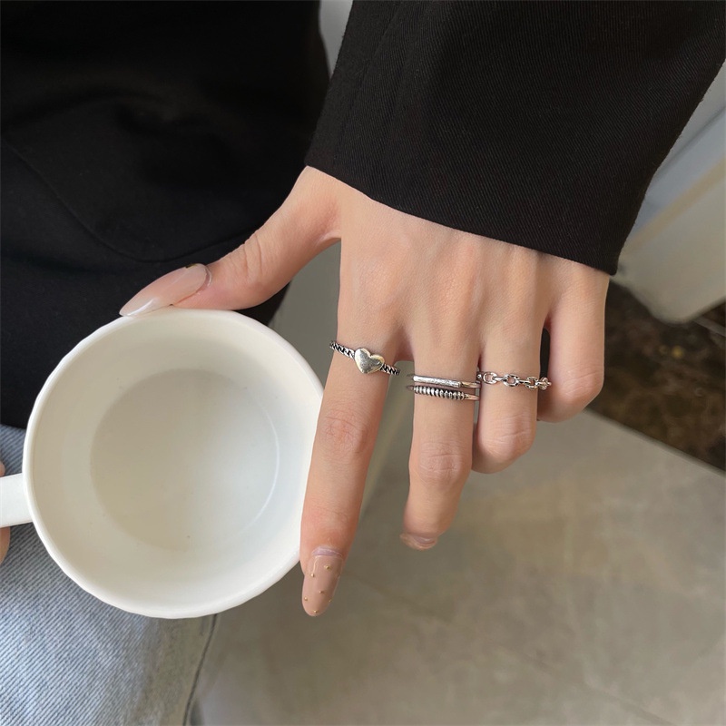 YEEZII 3pcs / Set Cincin Model Terbuka Adjustable Desain Hati Warna Silver Gaya Retro Untuk Wanita