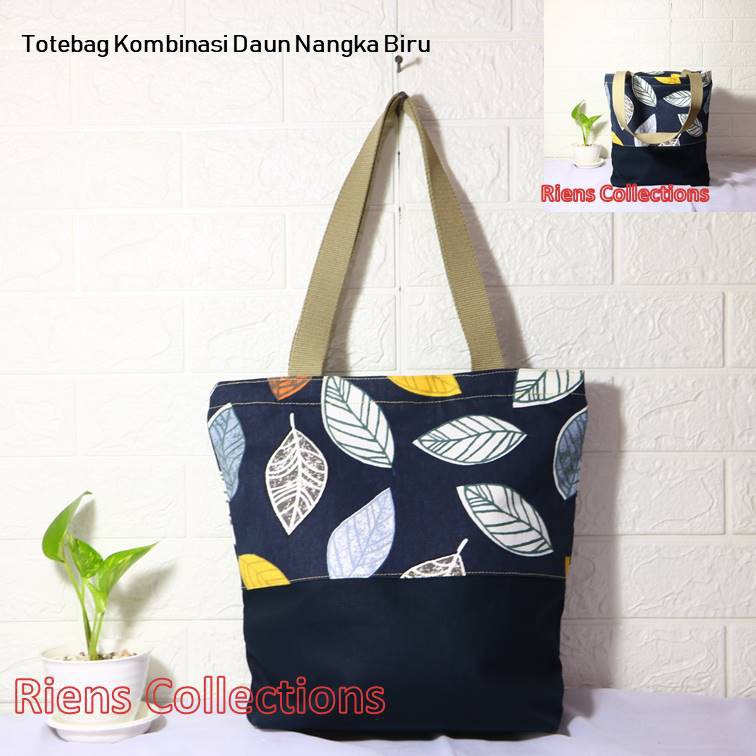 TAS KANVAS TOTEBAG KANVAS KOMBINASI MOTIF DAUN NANGKA BIRU. Riens Collections