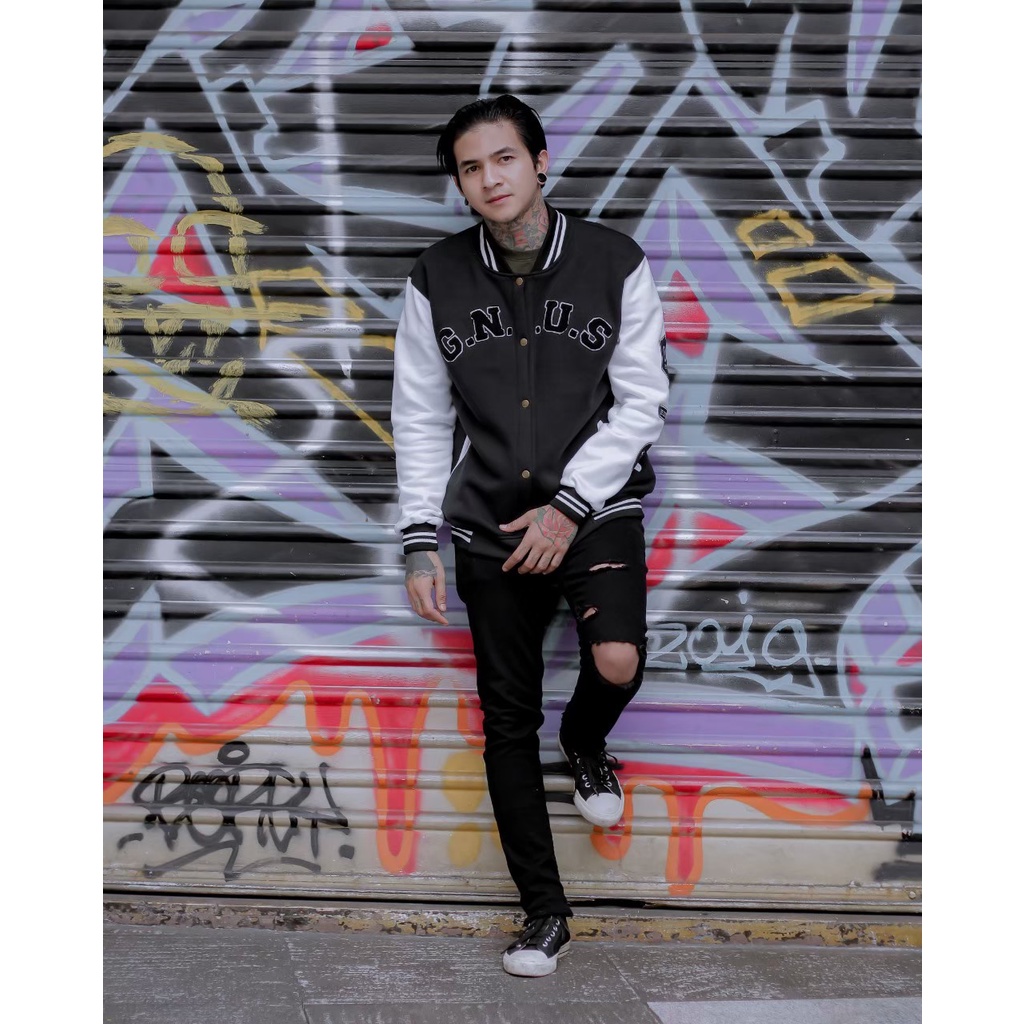 Varsity Jacket GNUS  Full Bordire - Jaket Bassebal Pria - Black-