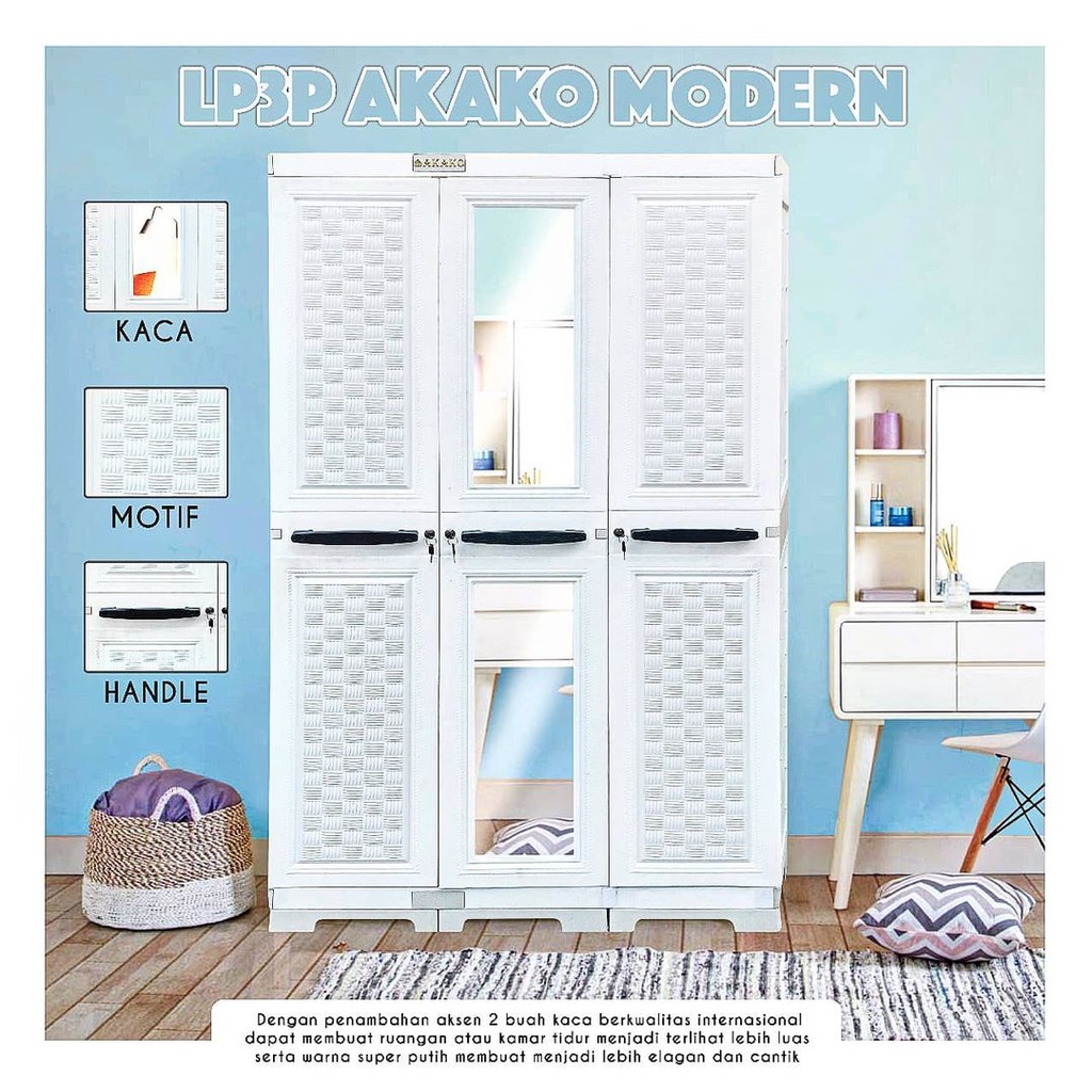 JUMBO LEMARI PLASTIK AKAKO ELEGANT 3 PINTU KACA LP3EP MODERN LP3P MODERN LEMARI GANTUNG KACA FULL KUNCI LEMARI PAKAIAN MODERN