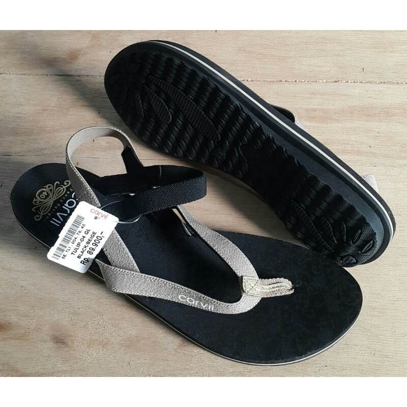 TULIP 04GL BLACK-BEIGE size 36-40 SENDAL CASUAL WANITA CARVIL ORIGINAL TERMURAH / SANDAL JEPIT FASHI