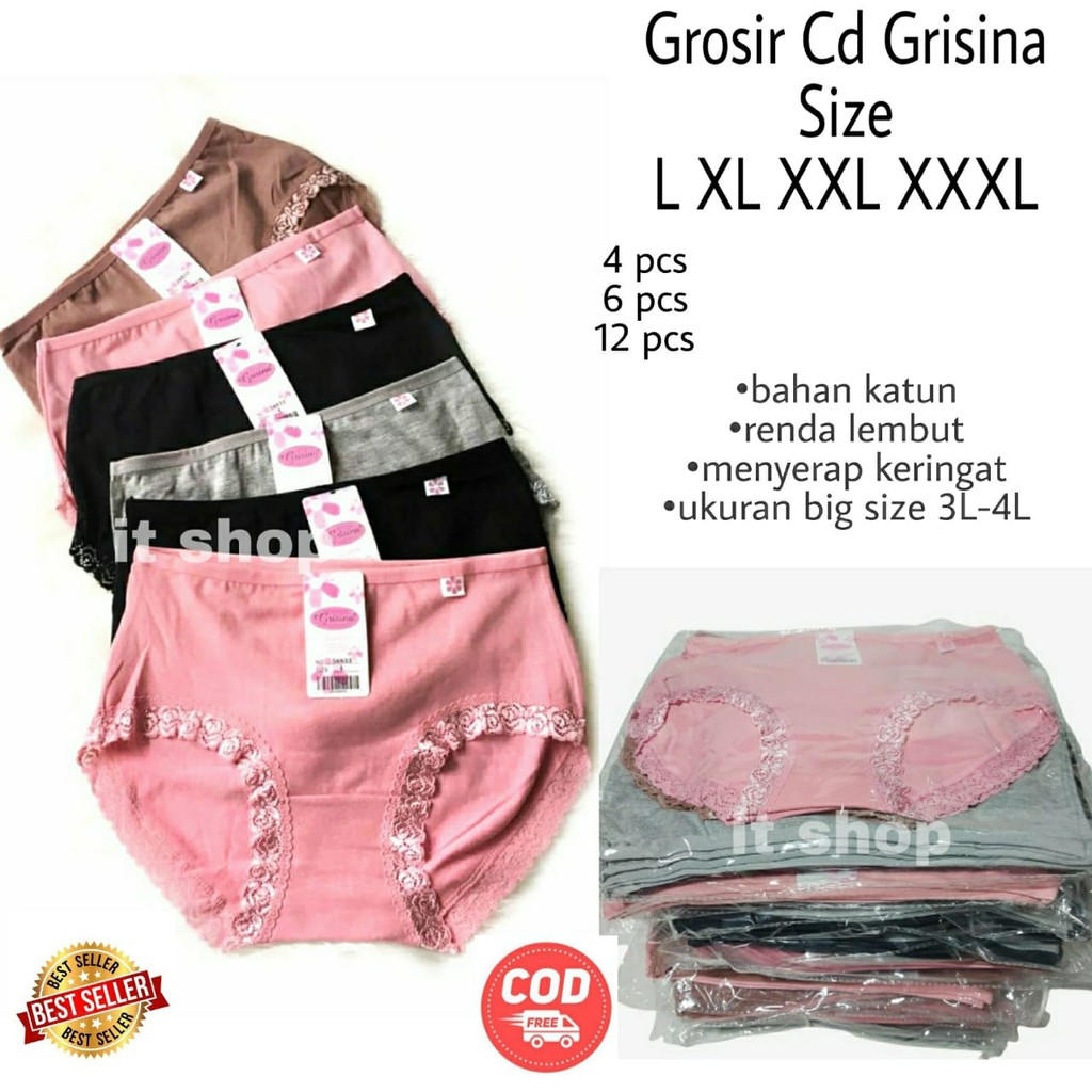 IVSHOP -GROSIR 1lusin Cd Jumbo Celana Dalam Wanita Grisina Katun Renda Murah Lembut L Xl XXl XXXL