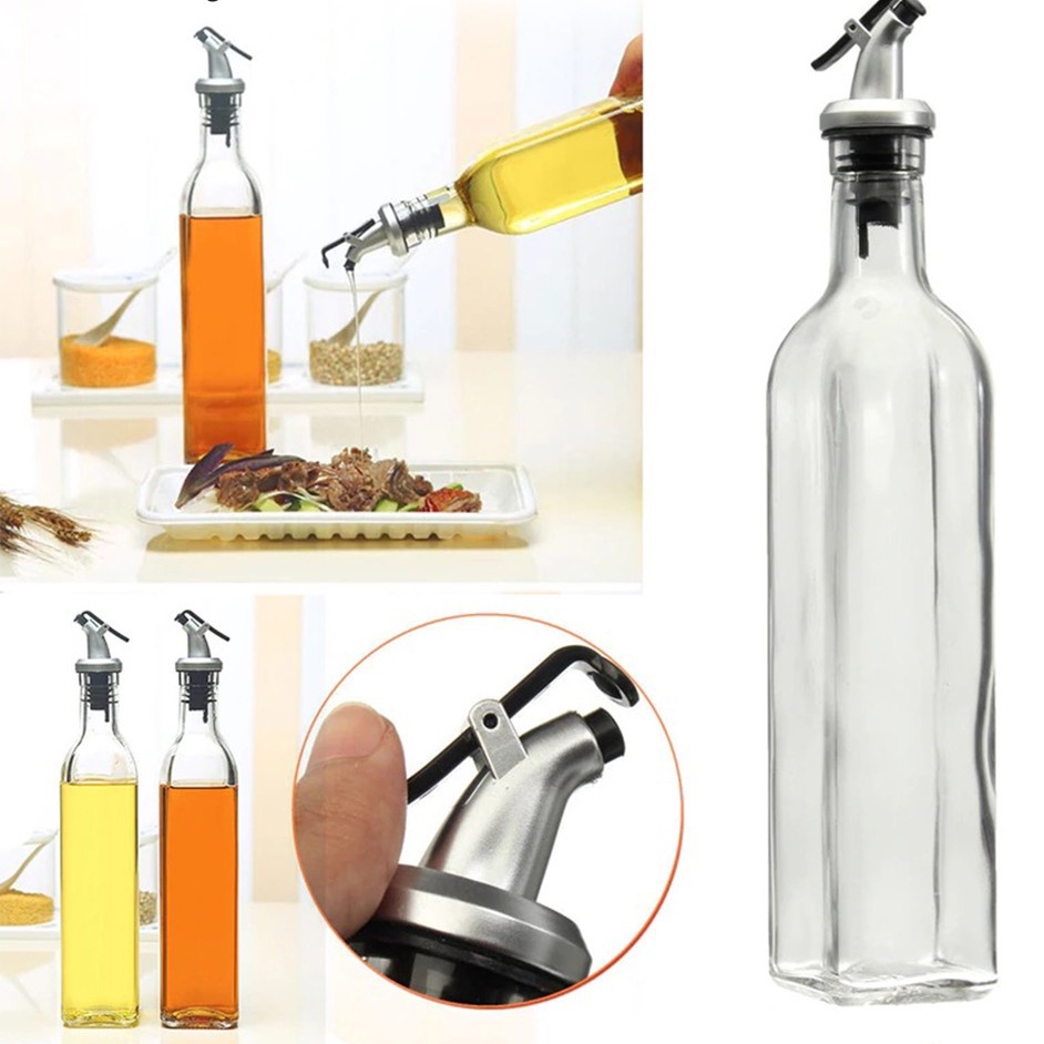 (COD) BOTOL MINYAK CUKA KECAP KACA SET POURER/PENUTUP - TEMPAT MINYAK DAPUR - 500ML