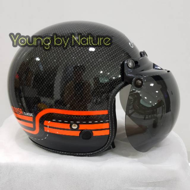 Helm Half Face JPN Monsa Carbon Orange Racing Stripe - Kaca Cembung