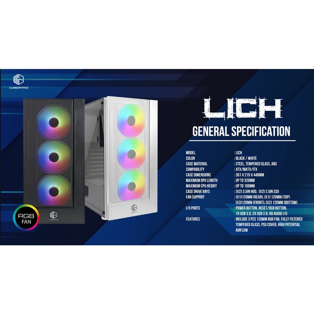 Cube Gaming Lich Black White with 3 Fan RGB Casing PC Gaming