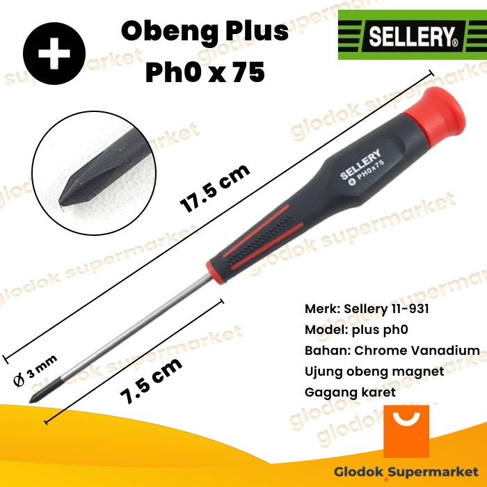 Obeng Plus Ph0 x 75 Sellery 11-931 Diameter 3mm Panjang Besi 75mm Magnet Gagang Karet